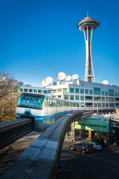 Seattle Monorail rushing away from the Space Needle
