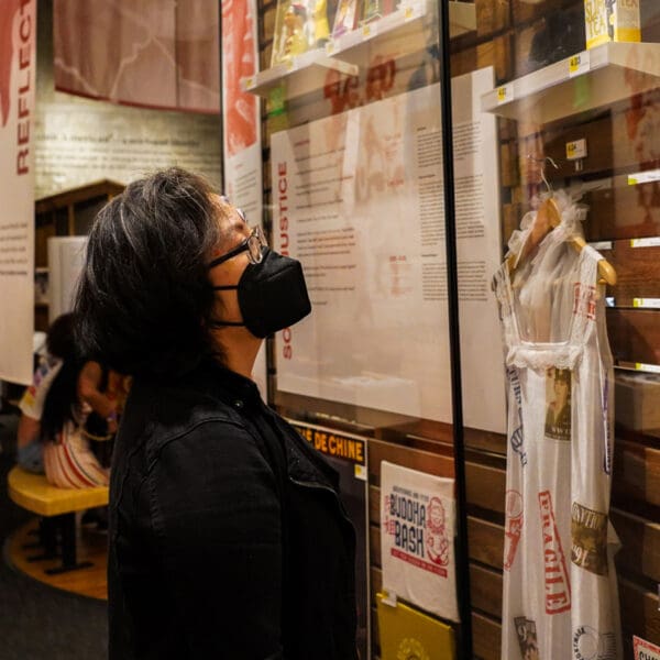 Lady reading a display on a wall with a dress hanging next to it